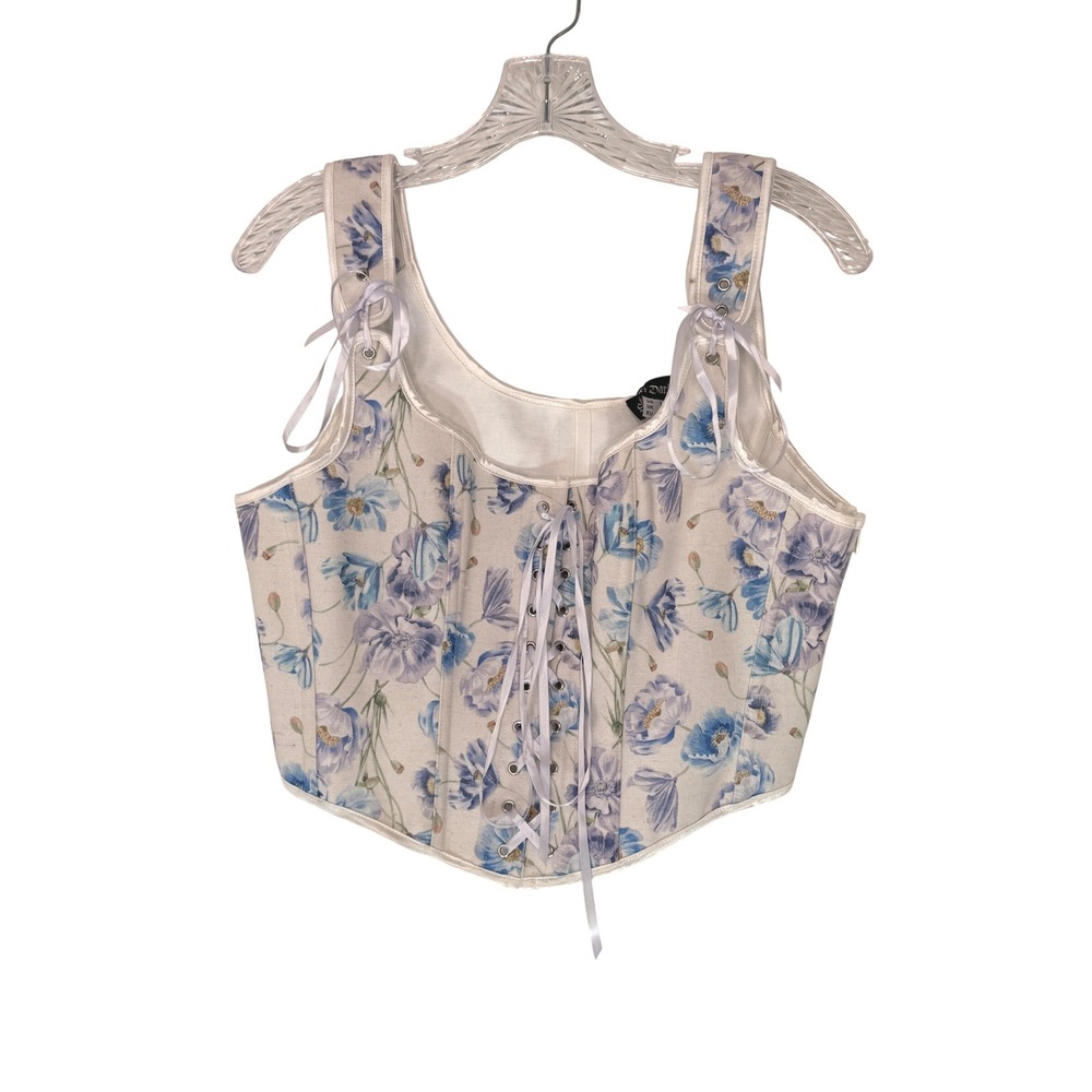 Scarlet Darkness Floral Corset Top Blue Poppy Lace Up Renaissance Cream Size 14